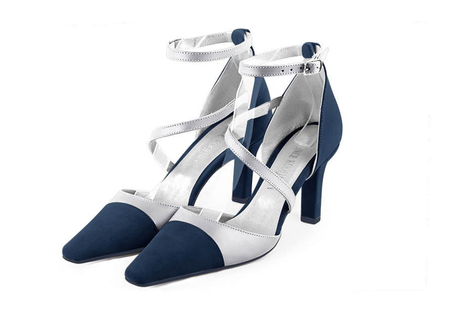 Dress heels closed-back snake-shaped straps in navy blue and silver leather with high slim heels and tapered toe - Front view